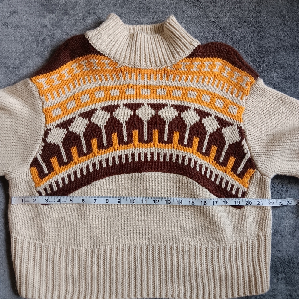 Moodie Medium Boho Western Thick Knit Sweater, Geometric Tan Brown Orange - Picture 4 of 9